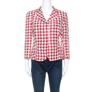 Pre Owned CH Carolina Herrera Red And White Houndstooth Blazer L