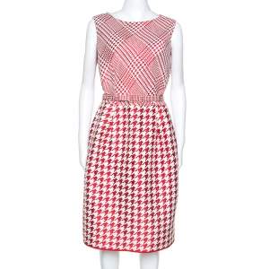 Pre Owned CH Carolina Herrera Red & White Houndstooth Dress Woven Belted Dress L