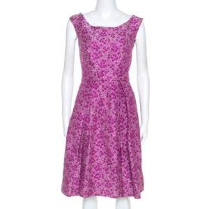 Pre Owned CH Carolina Herrera Pink Floral Lurex Jacquard Flared Dress S