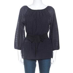 Pre Owned CH Carolina Herrera Navy Blue Cotton Embroidered Belted Top S