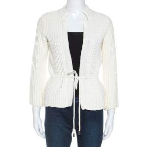 CH Carolina Herrera White Cable Knit Cotton Drawstring Waist Cardigan XS