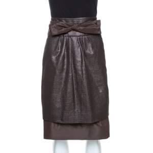 CH Carolina Herrera Brown Lurex Jacquard Silk Bow Detail Skirt L