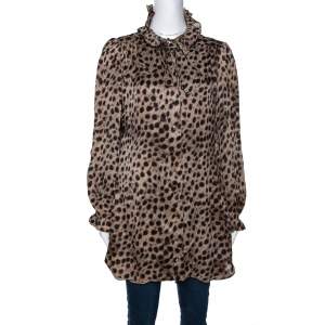 Pre Owned CH Carolina Herrera Beige Leopard Printed Silk Ruffle Detail Blouse L