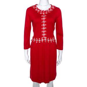 Pre Owned CH Carolina Herrera Red Stretch Knit Boucle Trim Midi Dress M