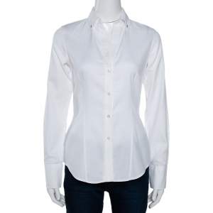 Pre Owned CH Carolina Herrera White Cotton Jacquard Logo Pattern Button Front Shirt S