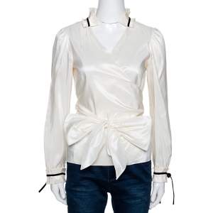 Pre Owned CH Carolina Herrera Cream Silk Bow Tie Front Blouse M