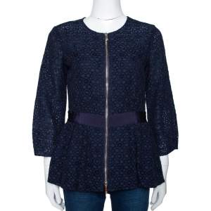 Pre Owned CH Carolina Herrera Navy Blue Floral Corded Lace Peplum Jacket S