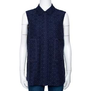 Pre Owned CH Carolina Herrera Navy Blue Corded Lace Button Front Top S