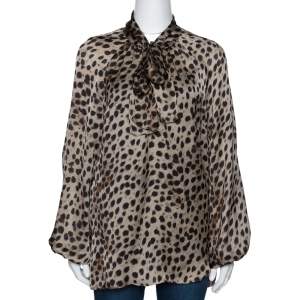 Pre Owned CH Carolina Herrera Beige Animal Print Silk Long Sleeve Blouse L