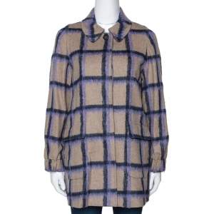 Pre Owned CH Carolina Herrera Beige Windowpane Checked Wool Coat XS