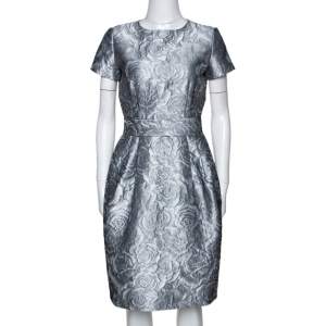 Pre Owned CH Carolina Herrera Grey Floral Brocade Midi Dress S