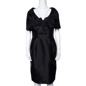 Pre Owned CH Carolina Herrera Black Silk Draped Collar Bow Detail Dress M