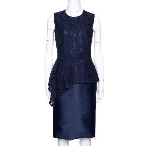Pre Owned CH Carolina Herrera Navy Blue Lace Sleeveless Peplum Dress S