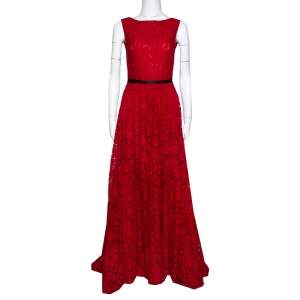 Pre Owned CH Carolina Herrera Red Lace Bow Detail Sleeveless Gown S