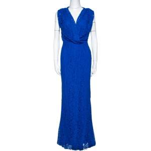 CH Carolina Herrera Cobalt Blue Floral Lace Draped Gown S