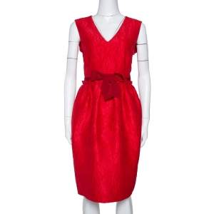 Pre Owned CH Carolina Herrera Red Floral Embossed Jacquard Sleeveless Dress M