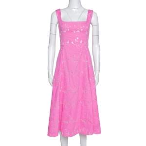 Pre Owned CH Carolina Herrera Pink Floral Jacquard Sleeveless Flared Dress S