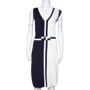 Pre Owned CH Carolina Herrera Color Block Knit Bow Detail Sheath Dress M