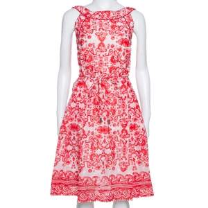 Pre Owned CH Carolina Herrera Red & White Floral Print Cotton Sleeveless Dress L