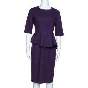 Pre Owned CH Carolina Herrera Purple Wool Peplum Dress L