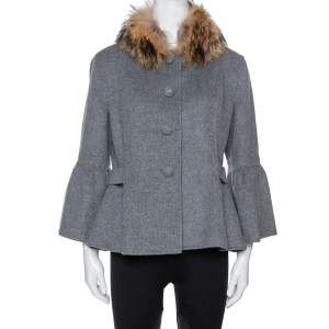 Pre Owned CH Carolina Herrera Grey Wool Fur Trim Peplum Jacket L