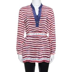 Pre Owned CH Carolina Herrera White Striped Ramie & Silk Belted Top M