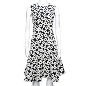 Pre Owned CH Carolina Herrera Monochrome Floral Jacquard Flared Dress S