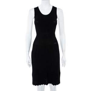 Pre Owned CH Carolina Herrera Black Rib Knit Scoop Neck Fit & Flare Dress S