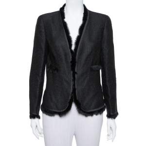 Pre Owned CH Carolina Herrera Black Lurex Tweed Faux Fur Detail Jacket L