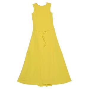 Pre Owned CH Carolina Herrera Yellow Crepe Sleeveless Belted Maxi Dress S