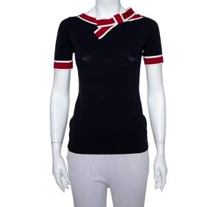 Pre Owned CH Carolina Herrera Navy Blue Knit Contrast Trim & Bow Detail Top S