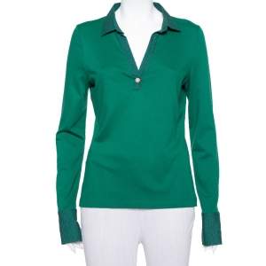 Pre Owned CH Carolina Herrera Green Knit Logo Trim Detail Plunge Neck T Shirt M