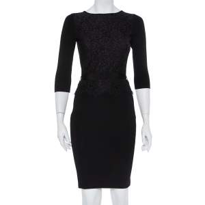 CH Carolina Herrera Black Knit Floral Lace Overlay Long Sleeve Belted Dress S