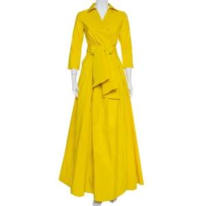 Pre Owned CH Carolina Herrera Yellow Pleated Maxi Wrap Dress M