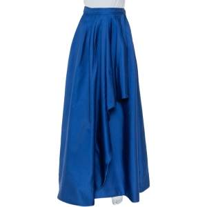 Pre Owned CH Carolina Herrera Royal Blue Taffeta Pleated Front Detail Asymmetric Hem Maxi Skirt S