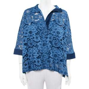 Pre Owned CH Carolina Herrera Blue Lace & Denim Faded Effect Oversized Top M