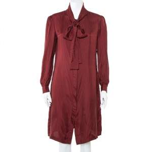 Pre Owned CH Carolina Herrera Burgundy Logo Printed Silk Neck Tie Detail Button Front Shirt Dress L