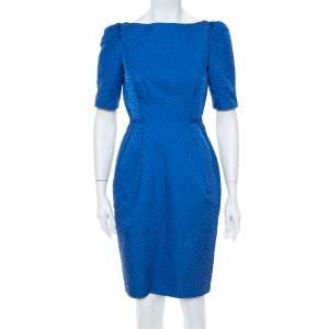 Pre Owned CH Carolina Herrera Blue Textured Cotton Sheath Dress S