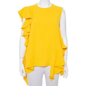 Pre Owned CH Carolina Herrera Yellow Crepe Ruffled Sleeveless Top M
