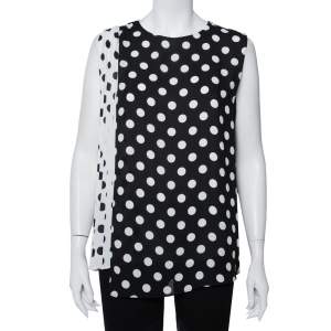 Pre Owned CH Carolina Herrera Monochrome Polka Dot Printed Chiffon Pleated Sleeveless Top L