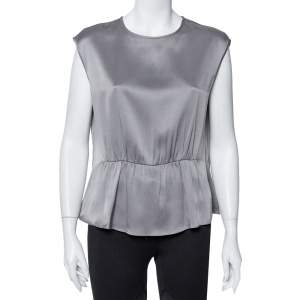 Pre Owned CH Carolina Herrera Grey Silk Satin Ruched Sleeveless Top L