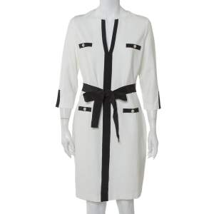 Pre Owned CH Carolina Herrera White Knit Contrast Trim Detail Belted Midi Dress L