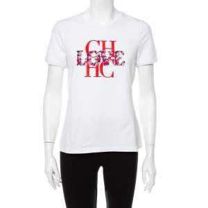 Pre Owned CH Carolina Herrera White Cotton Logo & Love Embroidered Top M
