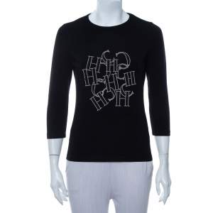 Pre Owned CH Carolina Herrera Black Cotton Logo Embellished Quarter Sleeve T-Shirt S