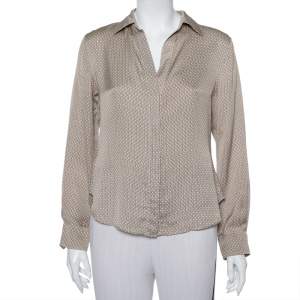 Pre Owned CH Carolina Herrera Beige Logo Printed Silk Button Front Shirt M