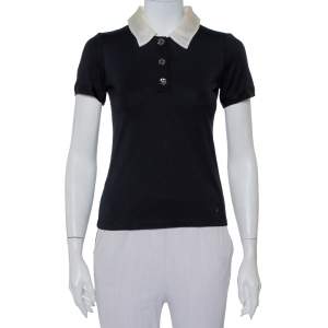 Pre Owned CH Carolina Herrera Black Knit Contrast Trim Detail Polo T-Shirt XS