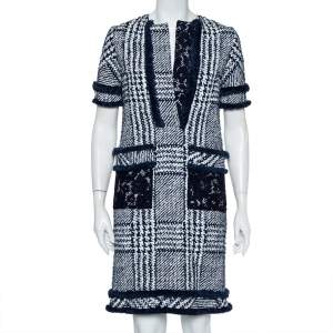 Pre Owned CH Carolina Herrera Indigo Painted Tweed Lace Detail Shift Dress S