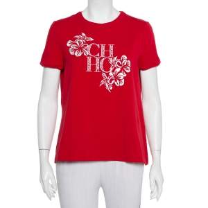 Pre Owned CH Carolina Herrera Red Cotton Floral Logo Embroidered T-Shirt L