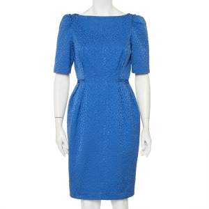CH Carolina Herrera Blue Embossed Cotton Sheath Dress M