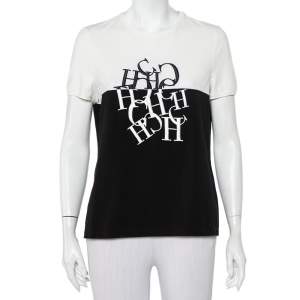 Pre Owned CH Carolina Herrera Monochrome Cotton Logo Embroidered Crewneck T-Shirt L